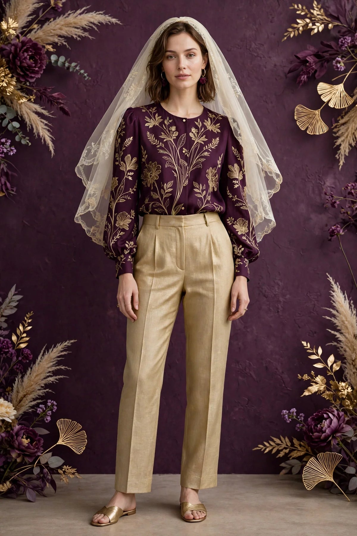 Person wearing Gold Cream veil tailored linen trousers