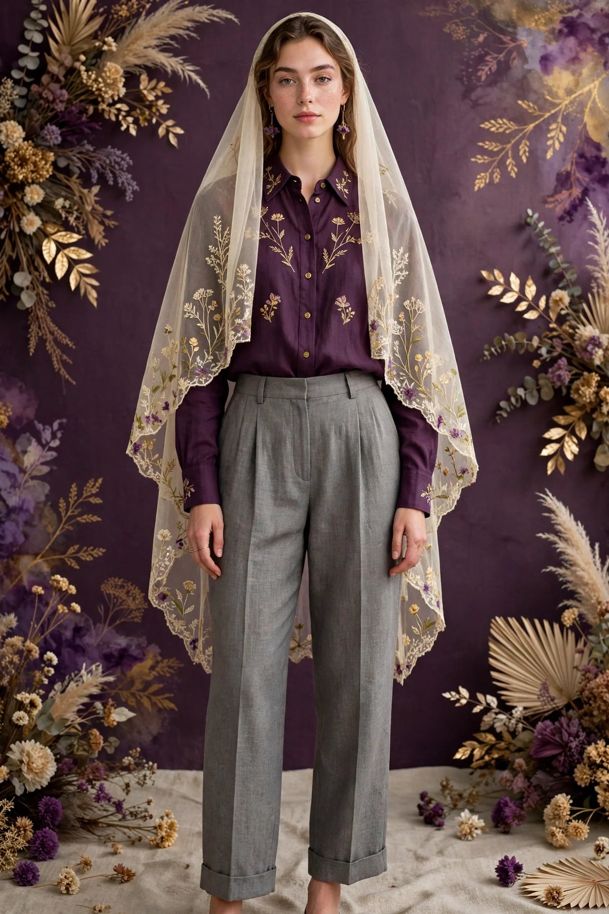 Person wearing Grey Cream veil tailored linen trousers