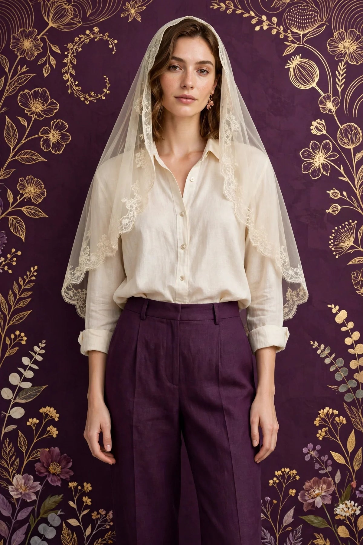 Person wearing Purple Cream veil tailored linen trousers