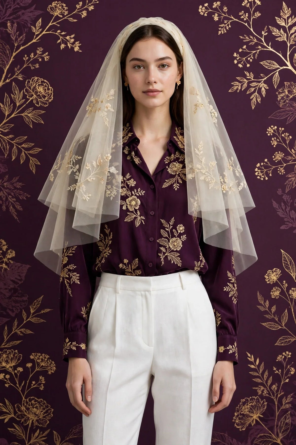Person wearing White Cream veil tailored linen trousers