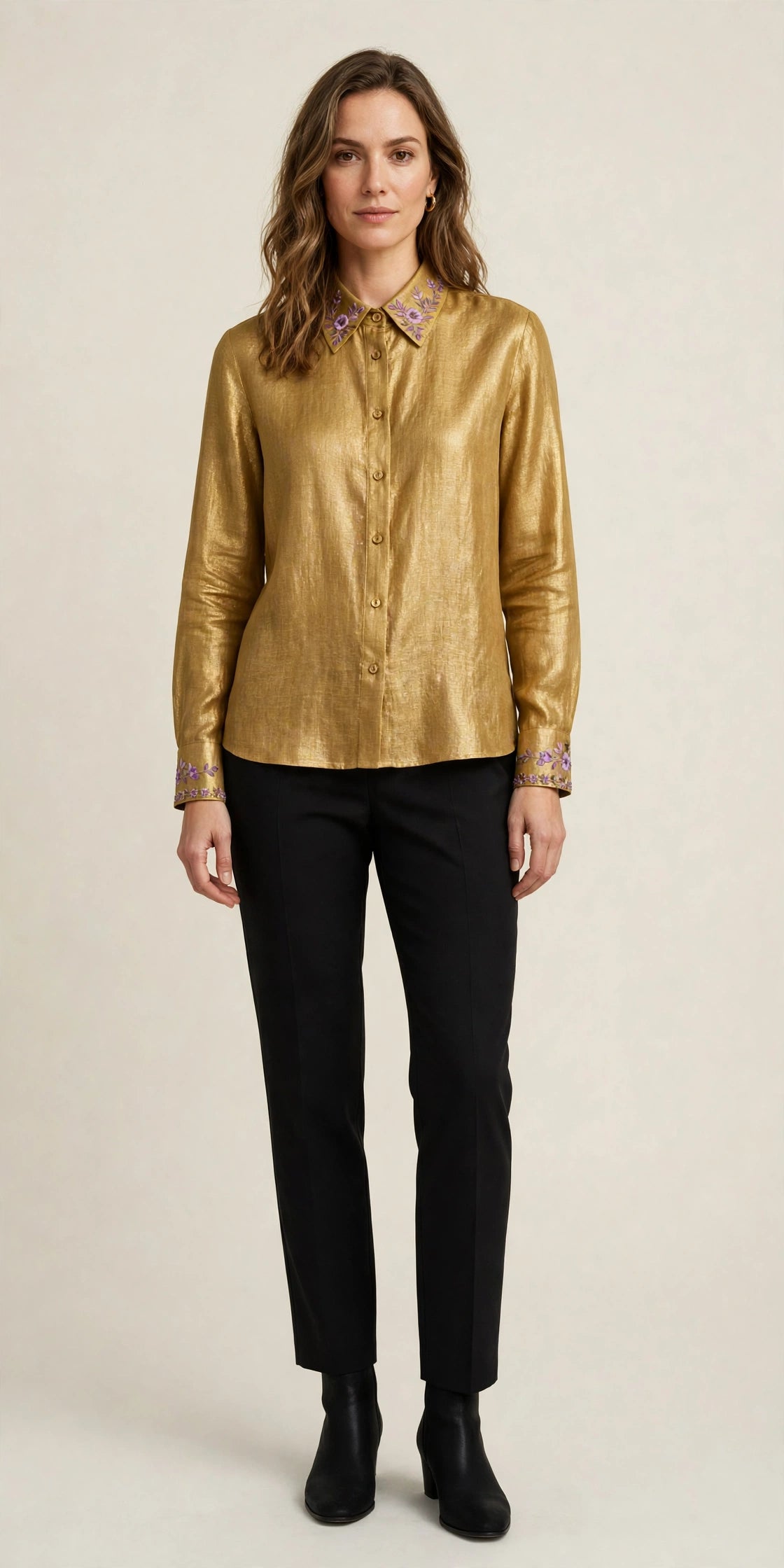 Woman wearing Gold Beige Linen Blouse