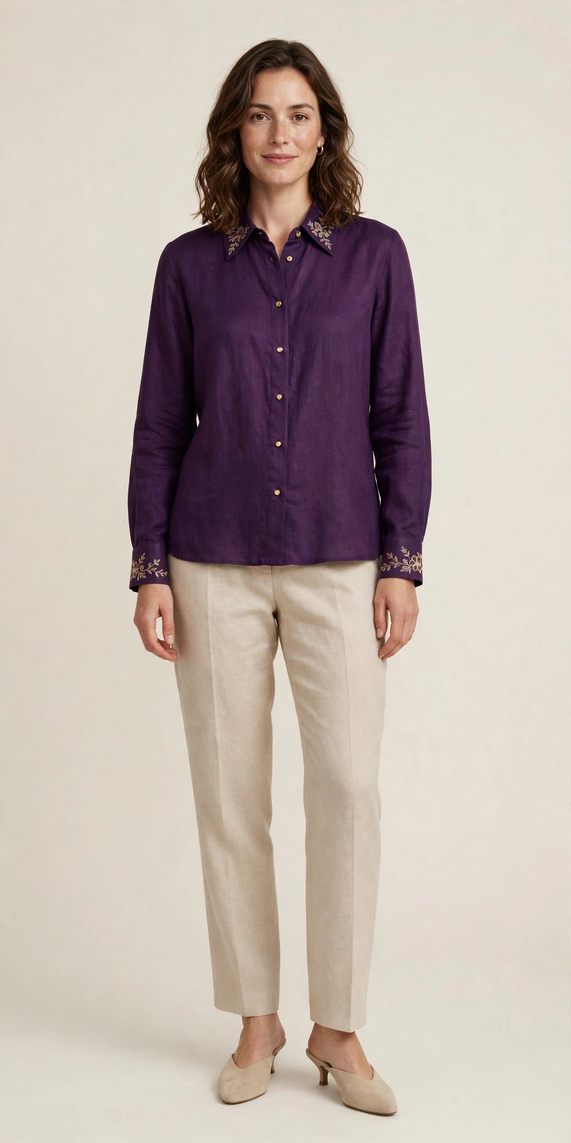 Woman wearing Purple Beige Linen Blouse