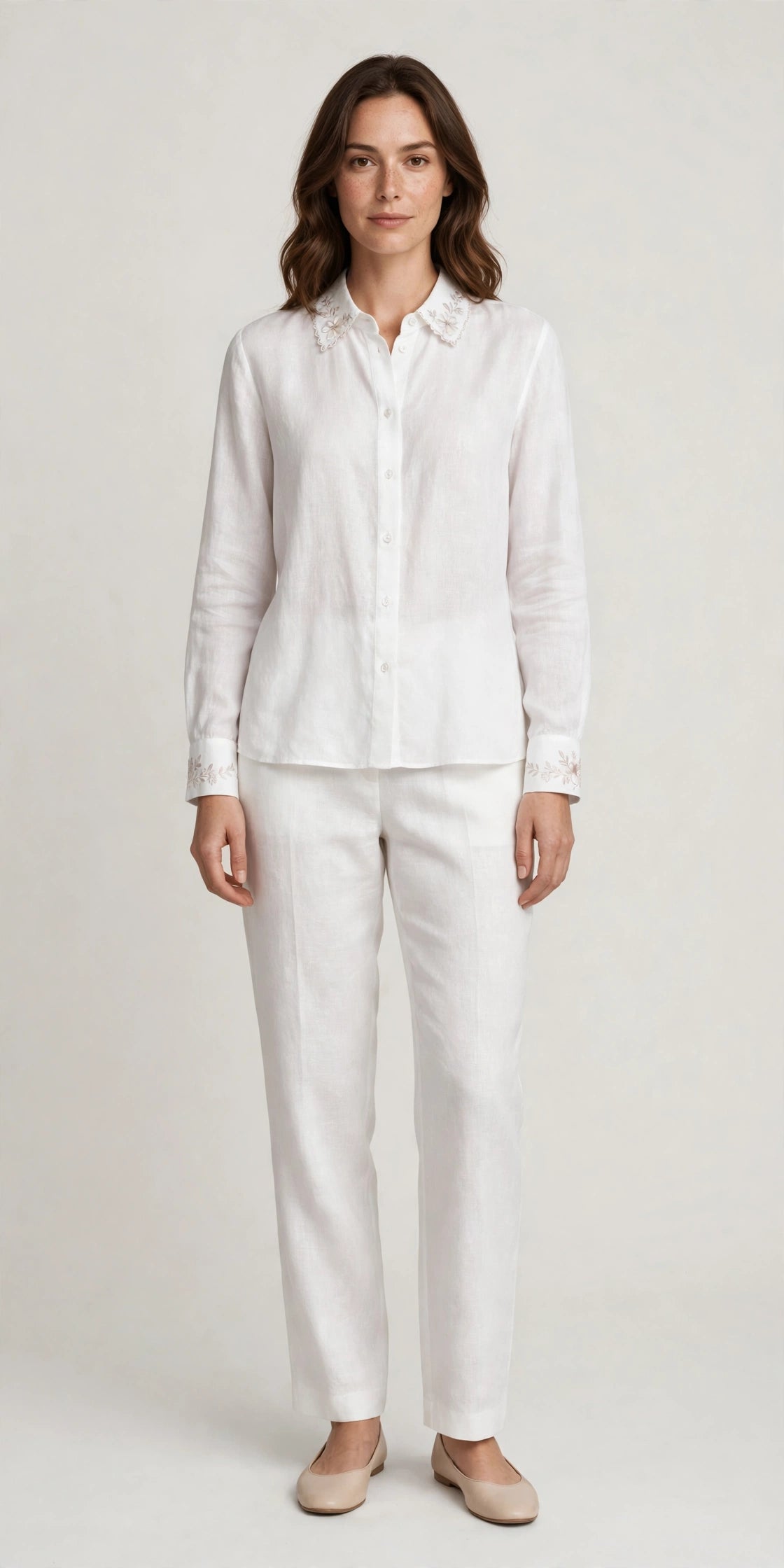Woman wearing White Beige Linen Blouse