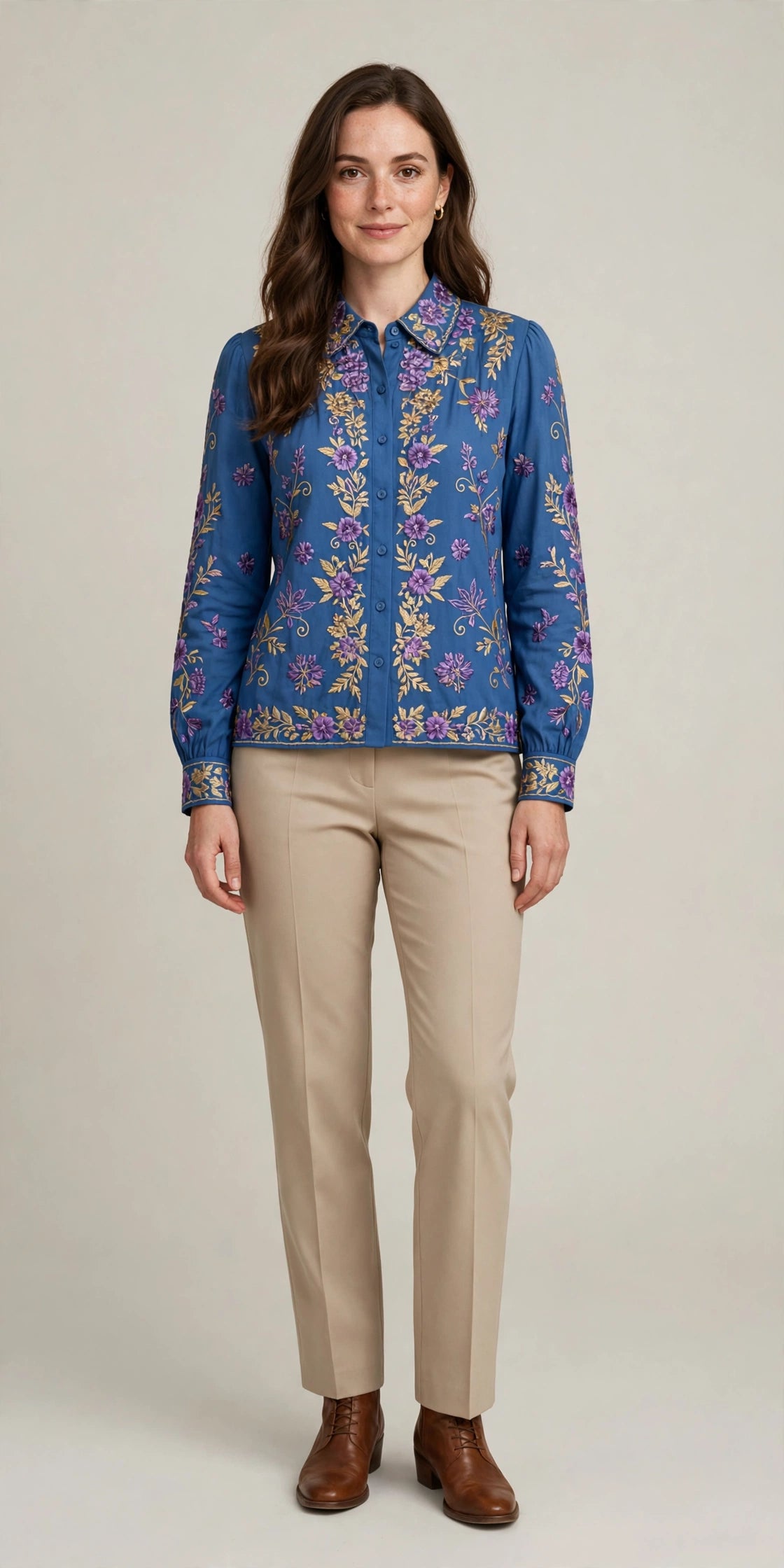 Woman wearing Blue Modern Blouse in Wheat
