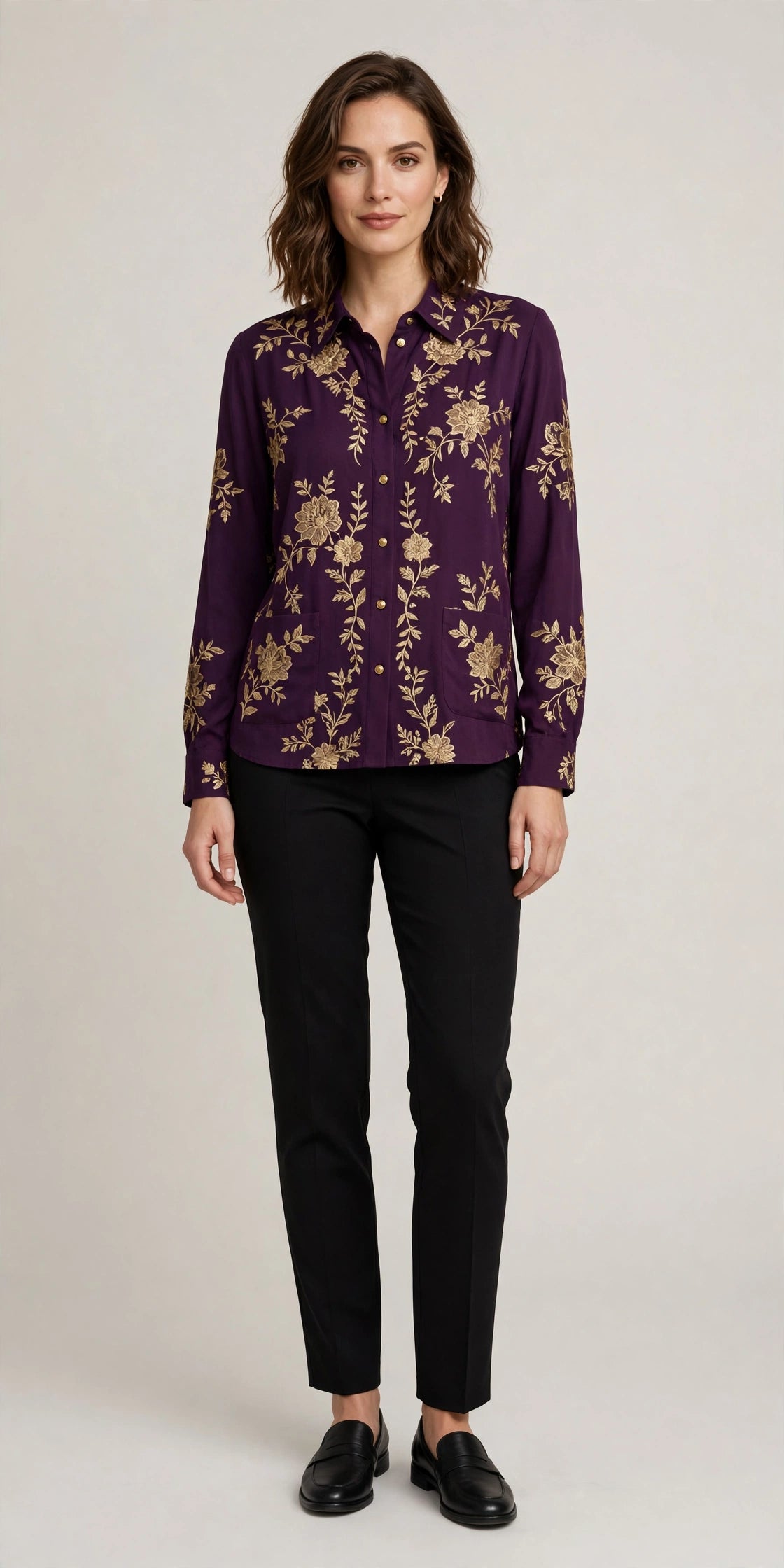 Woman wearing Purple Modern Blouse in Wheat