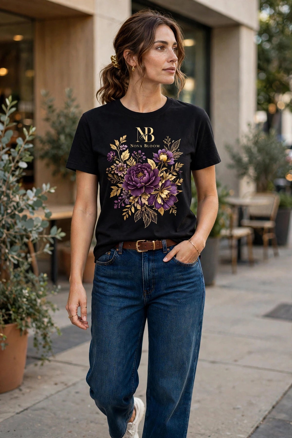 Woman wearing Black Nova Royal Royale Floral T-Shirt with gold NR logo on top