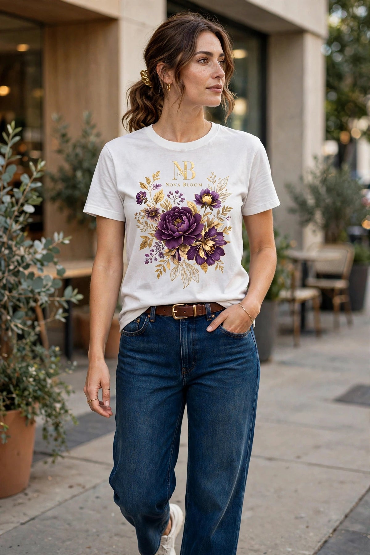 Woman wearing White Nova Royal Royale Floral T-Shirt with gold NR logo on top