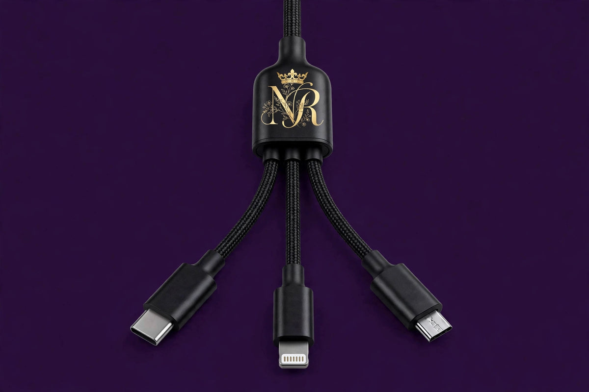 Nova Royal 3-in-1 Charging Cable (USB-C / Lightning / Micro) in Black with gold Nova Royal NR logo