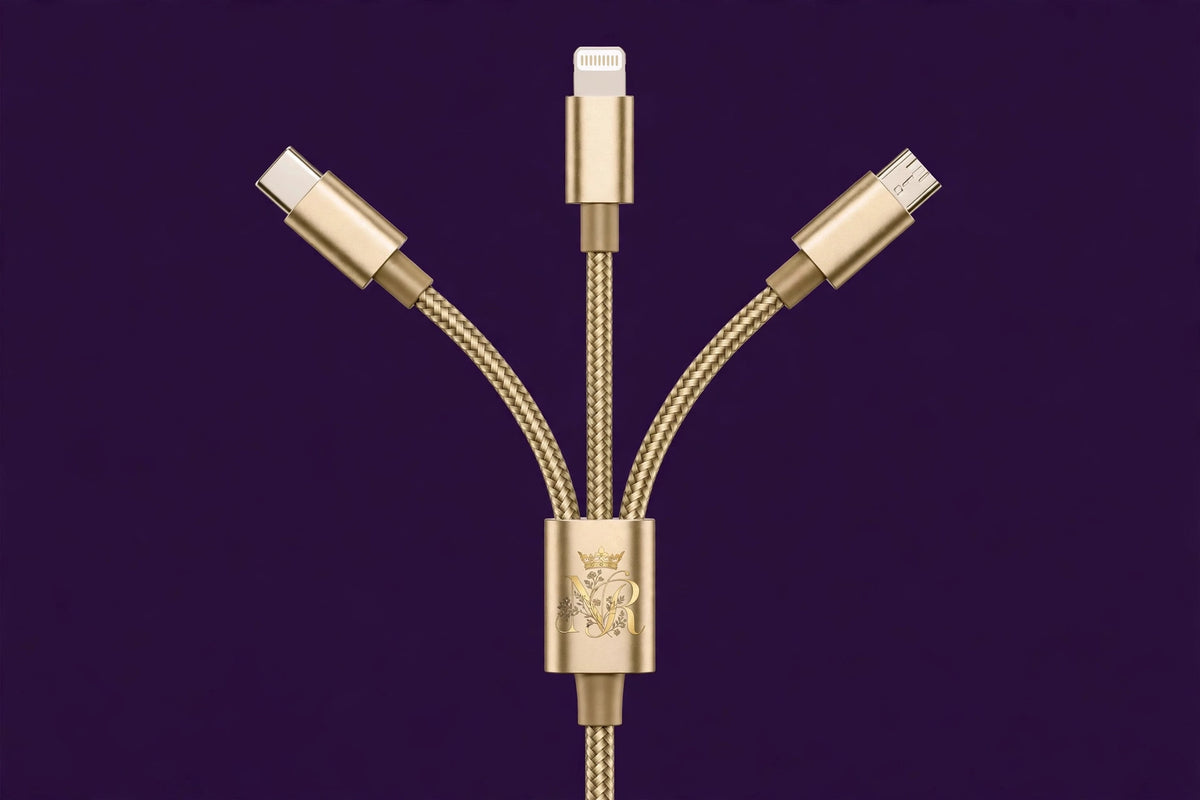 Nova Royal 3-in-1 Charging Cable (USB-C / Lightning / Micro) in Gold with gold Nova Royal NR logo
