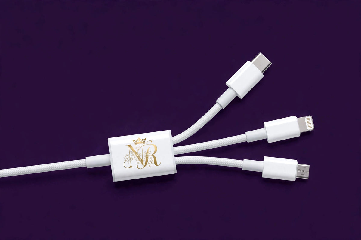 Nova Royal 3-in-1 Charging Cable (USB-C / Lightning / Micro) in White with gold Nova Royal NR logo
