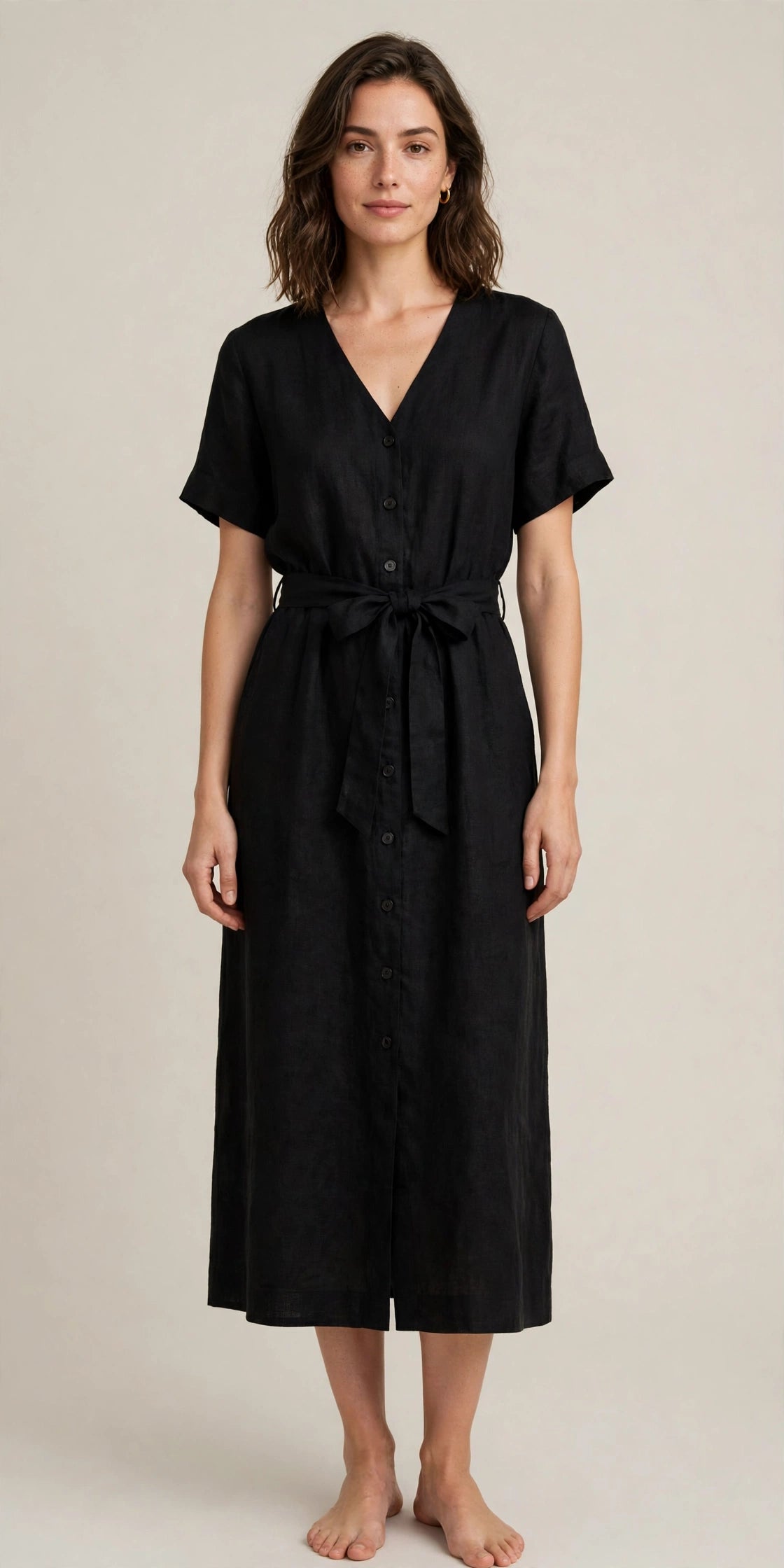 Woman wearing Black Warm Grey Linen Dress