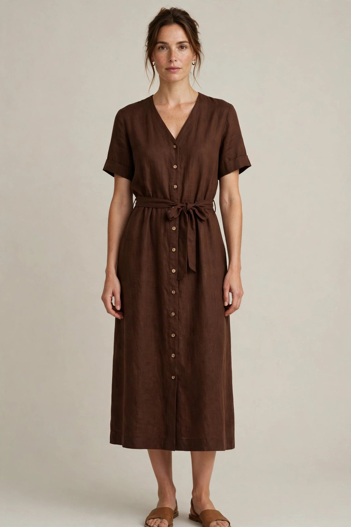 Woman wearing Brown Warm Grey Linen Dress