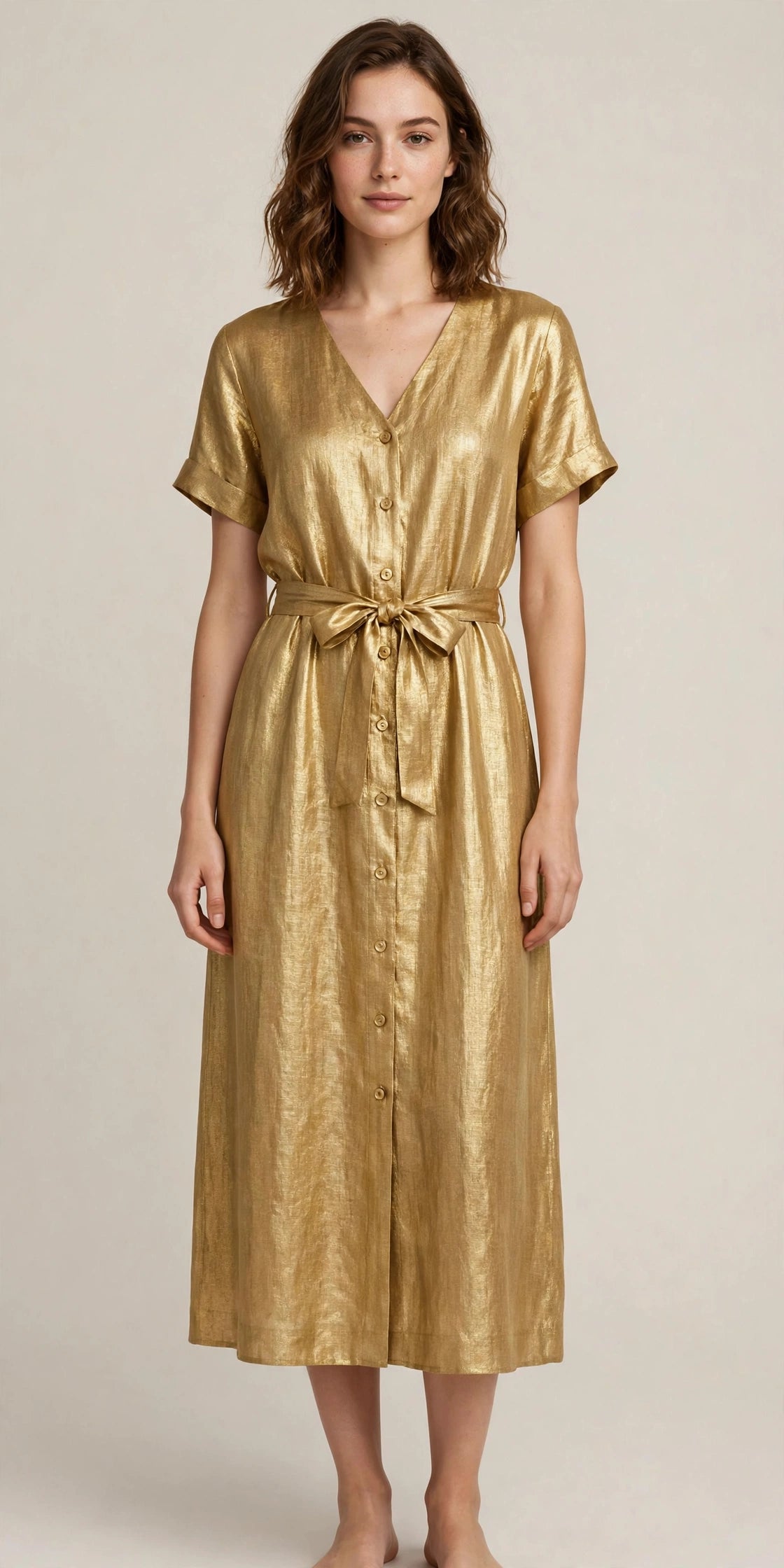 Woman wearing Gold Warm Grey Linen Dress