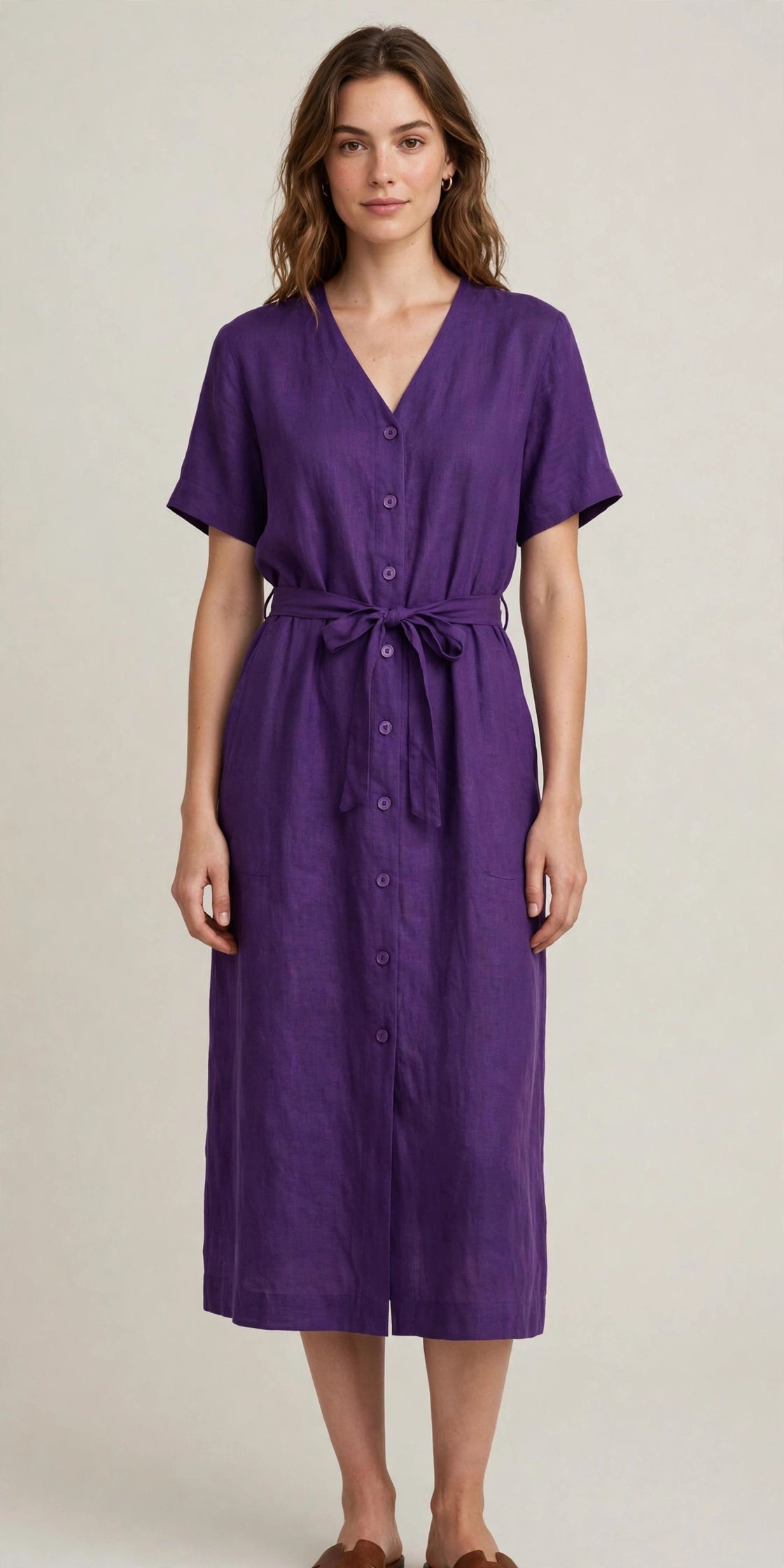 Woman wearing Purple Warm Grey Linen Dress