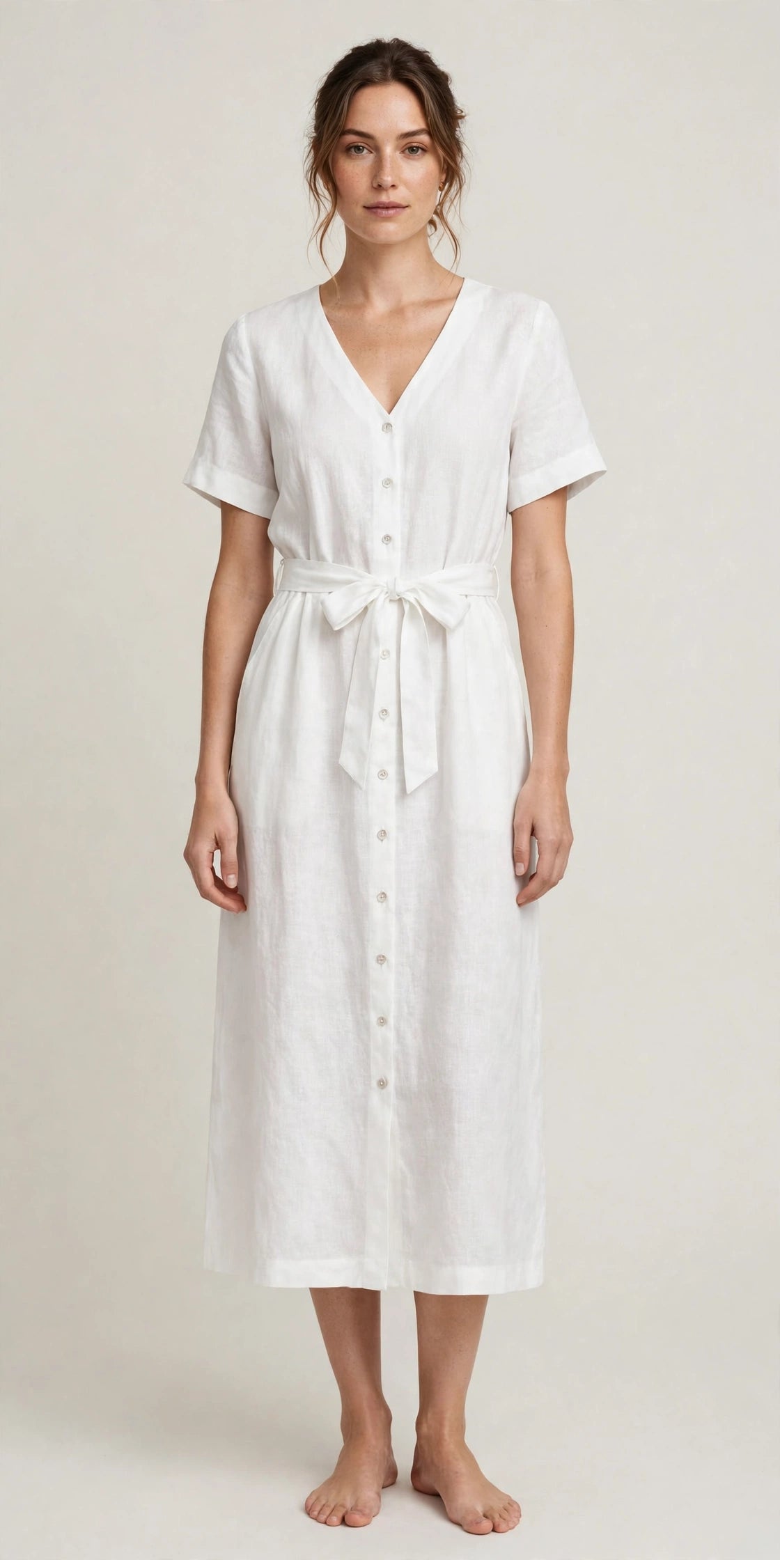 Woman wearing White Warm Grey Linen Dress