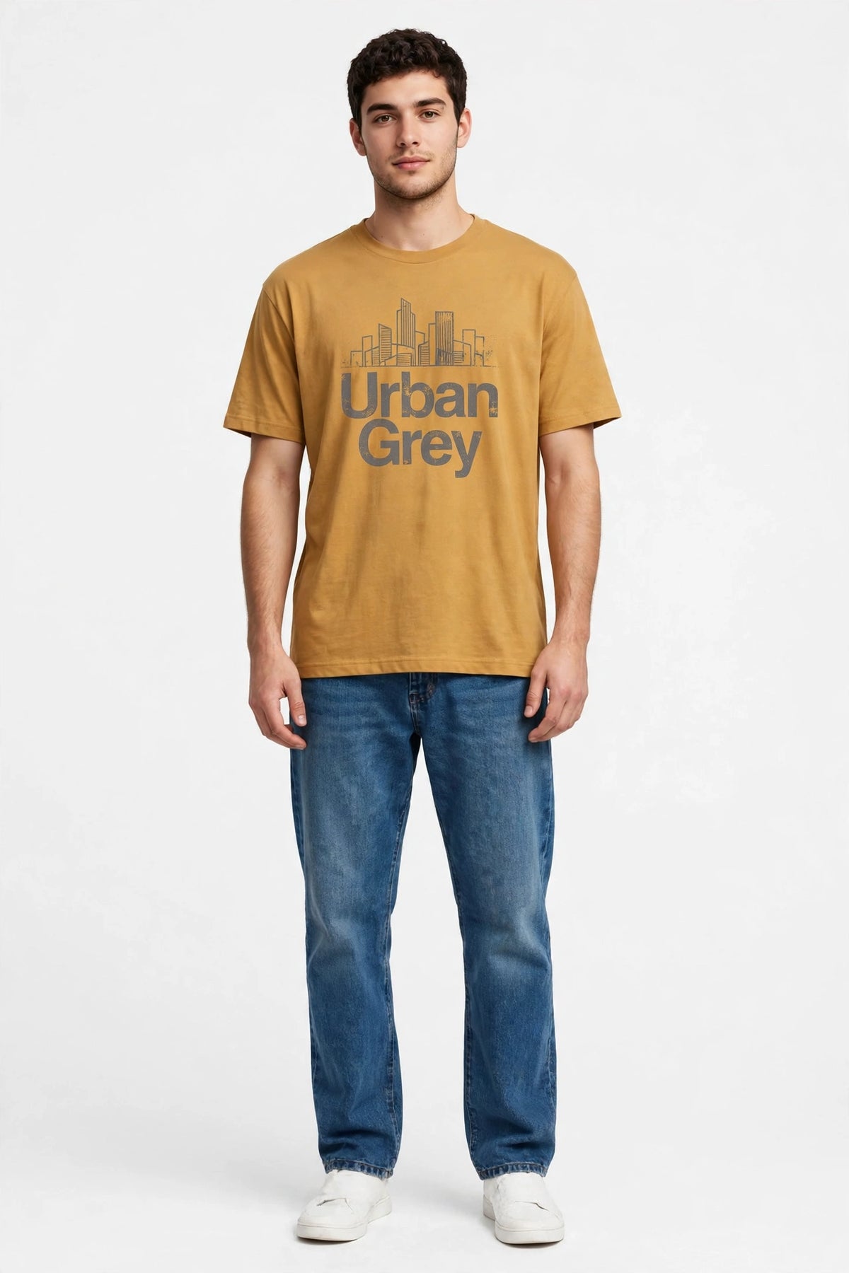 Man wearing Gold Paper White relaxed-fit t-shirt with Urban Grey print