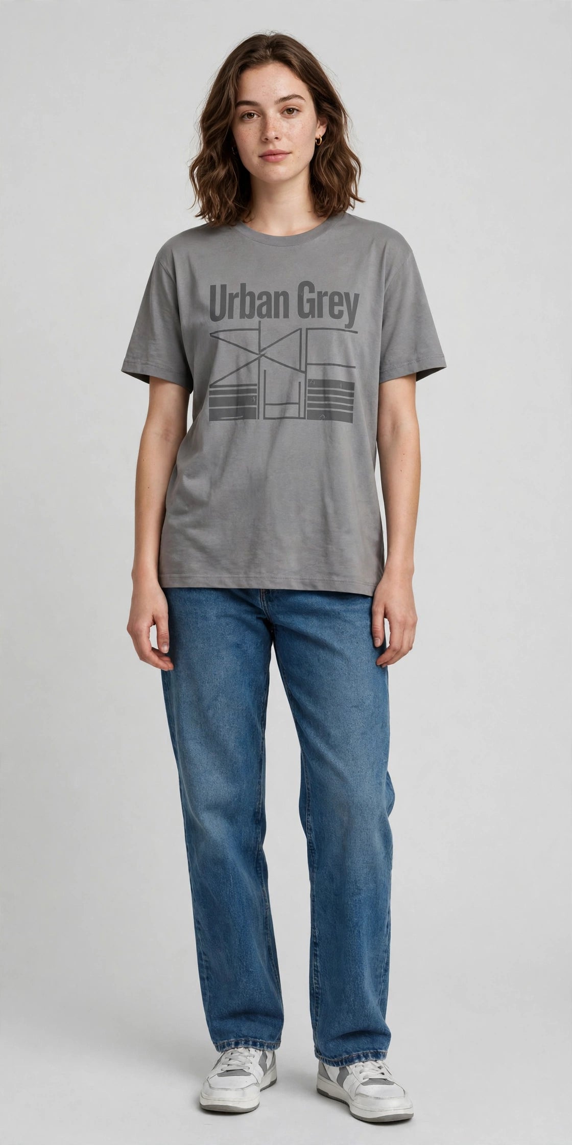 Man wearing Grey Paper White relaxed-fit t-shirt with Urban Grey print