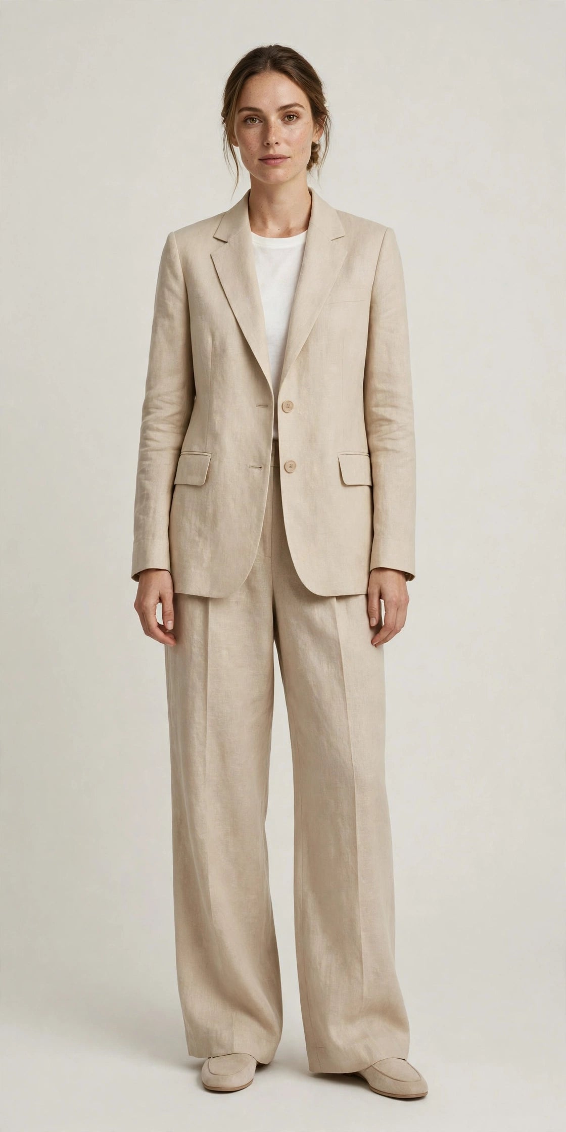 Woman wearing Beige Tailored Linen Set in Midnight Brown