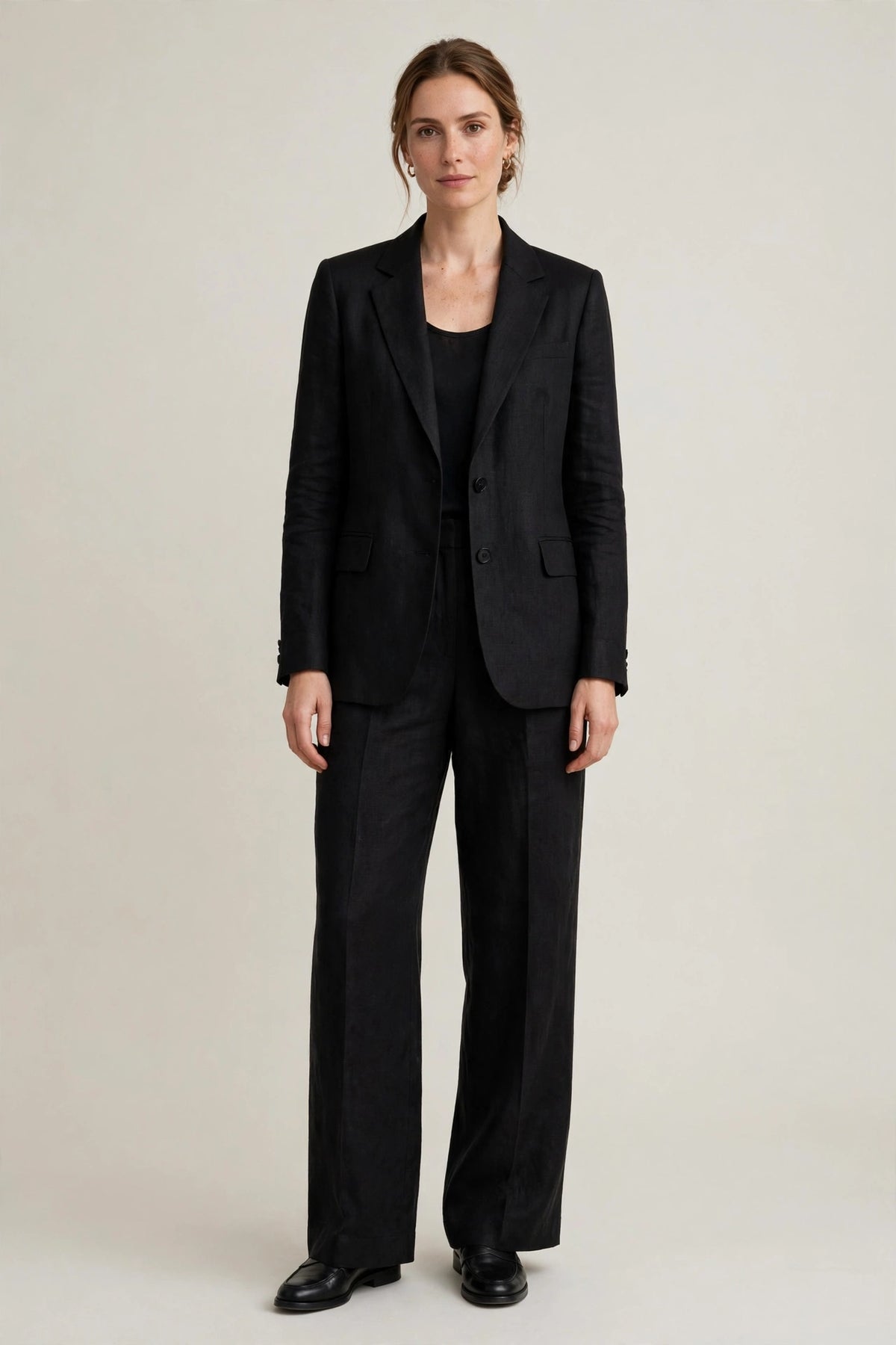 Woman wearing Black Tailored Linen Set in Midnight Brown