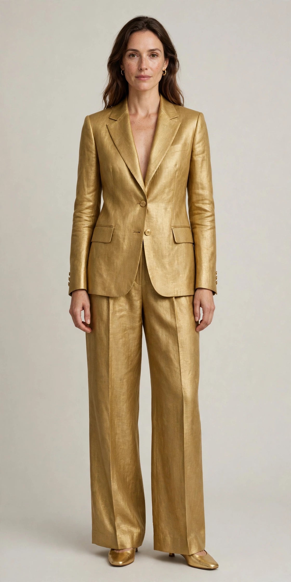 Woman wearing Gold Tailored Linen Set in Midnight Brown
