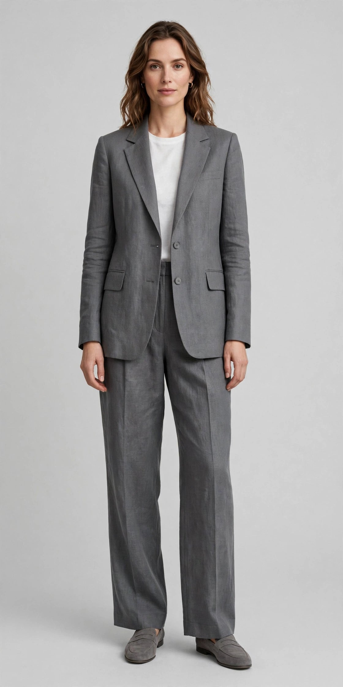 Woman wearing Grey Tailored Linen Set in Midnight Brown