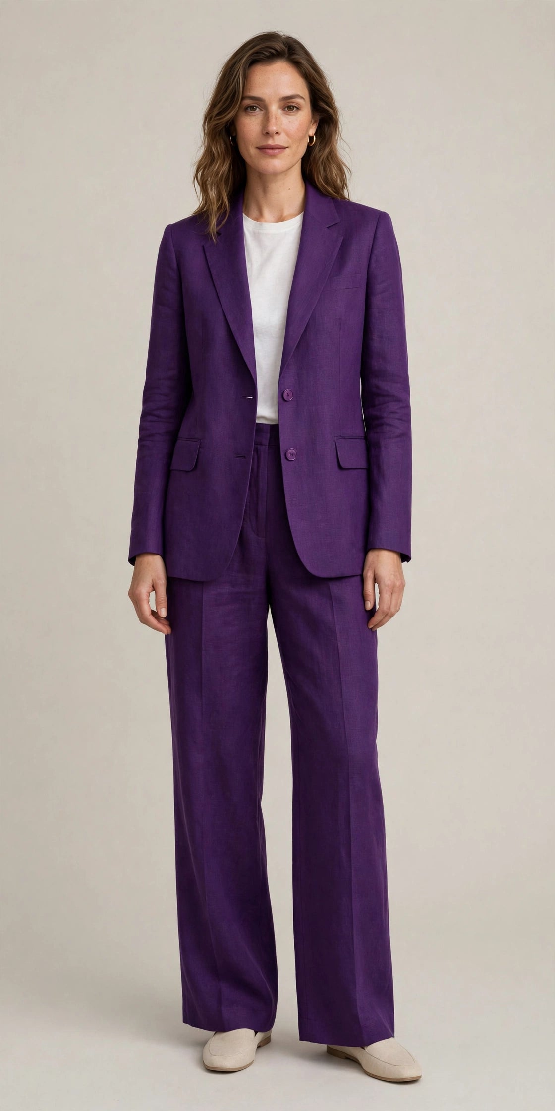 Woman wearing Purple Tailored Linen Set in Midnight Brown