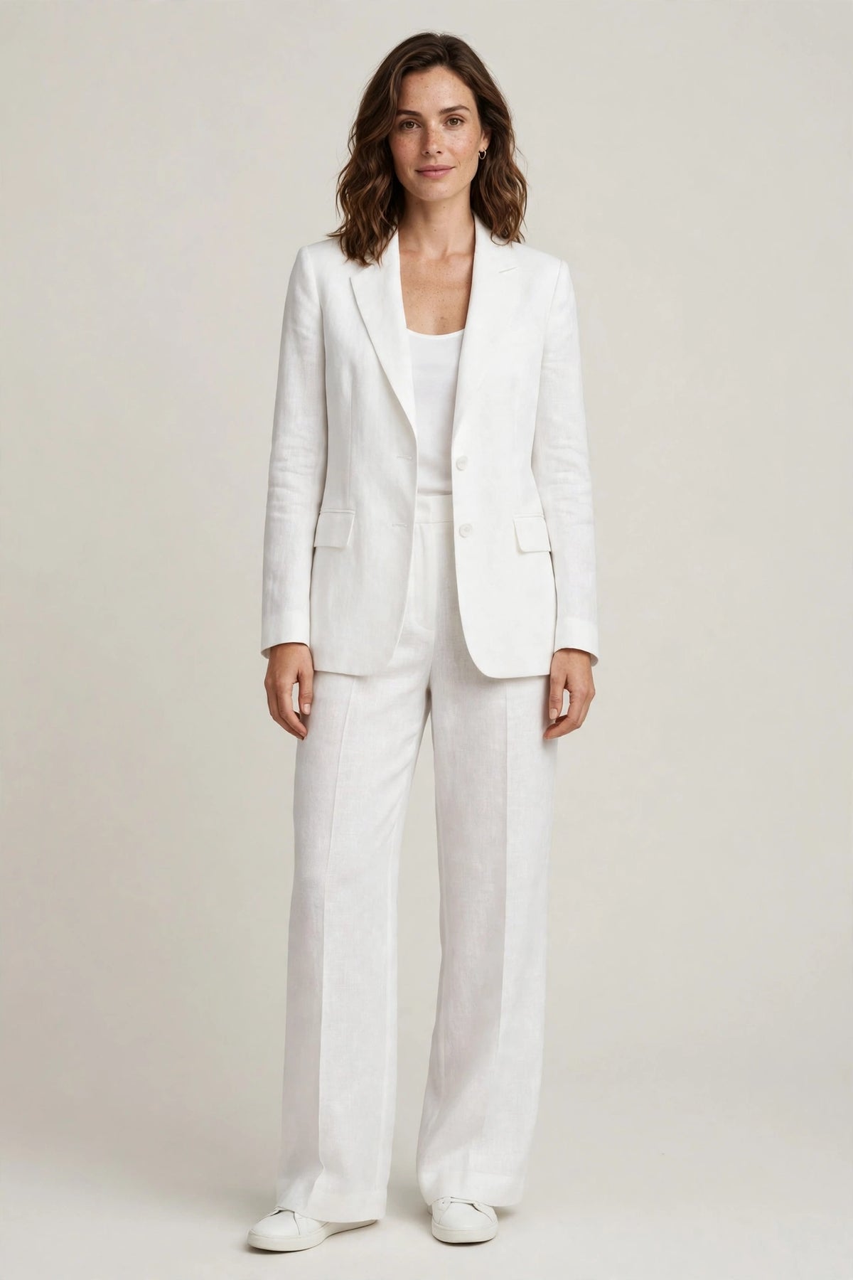 Woman wearing White Tailored Linen Set in Midnight Brown