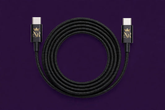 Nova Royal Braided USB-C Charging Cable in Black with gold Nova Royal NR logo