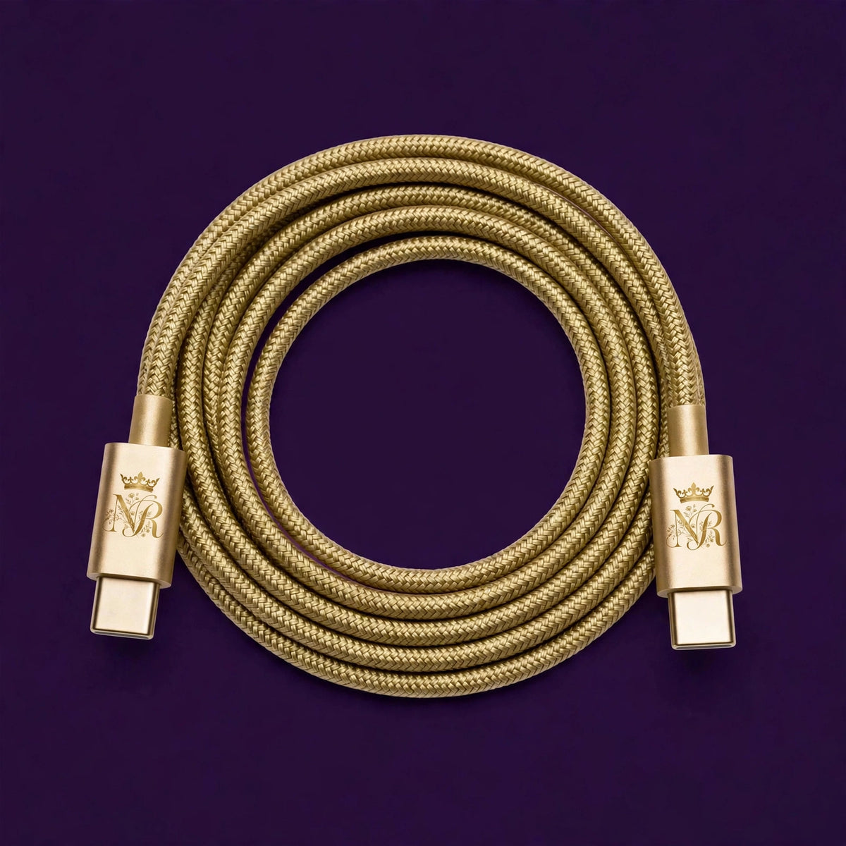 Nova Royal Braided USB-C Charging Cable in Gold with gold Nova Royal NR logo