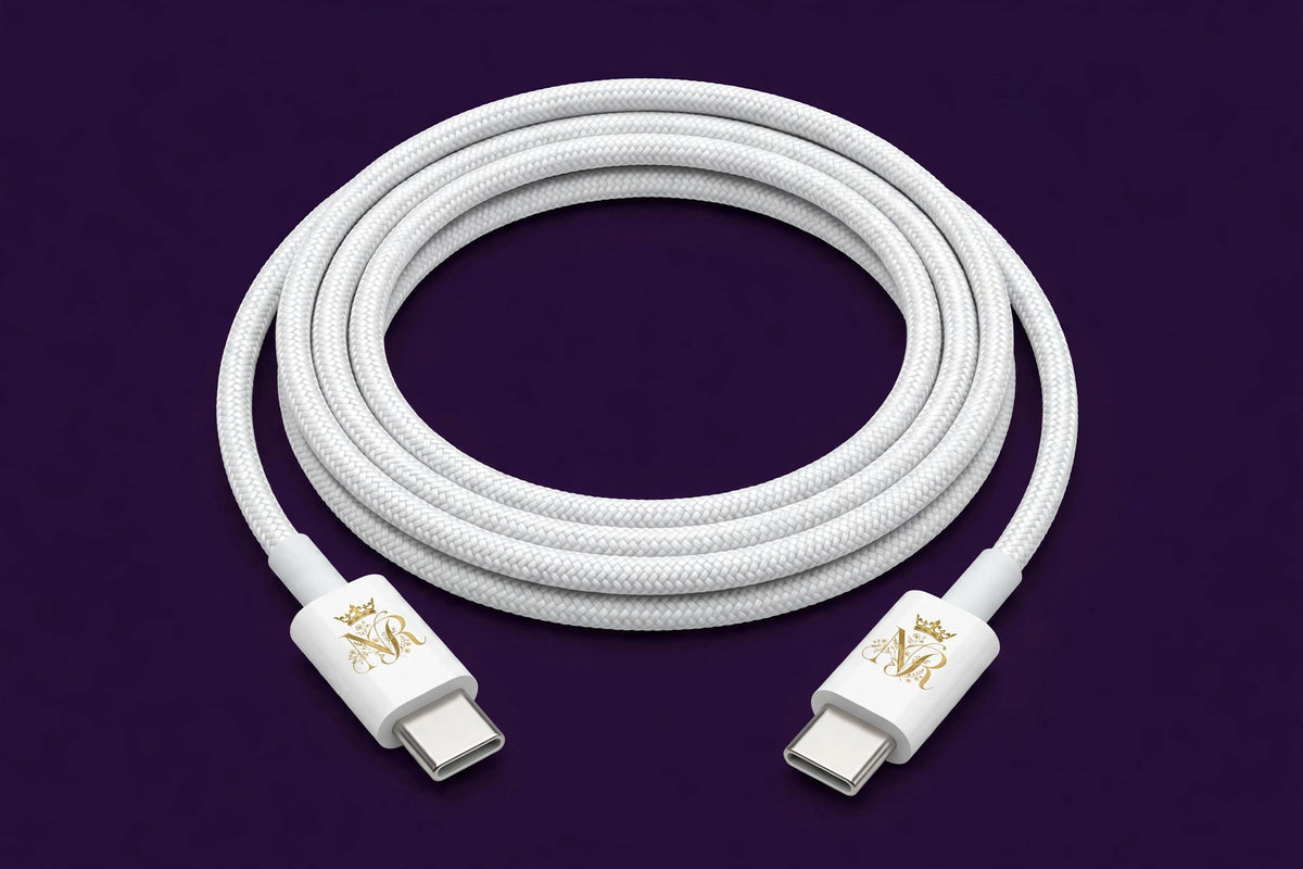 Nova Royal Braided USB-C Charging Cable in White with gold Nova Royal NR logo