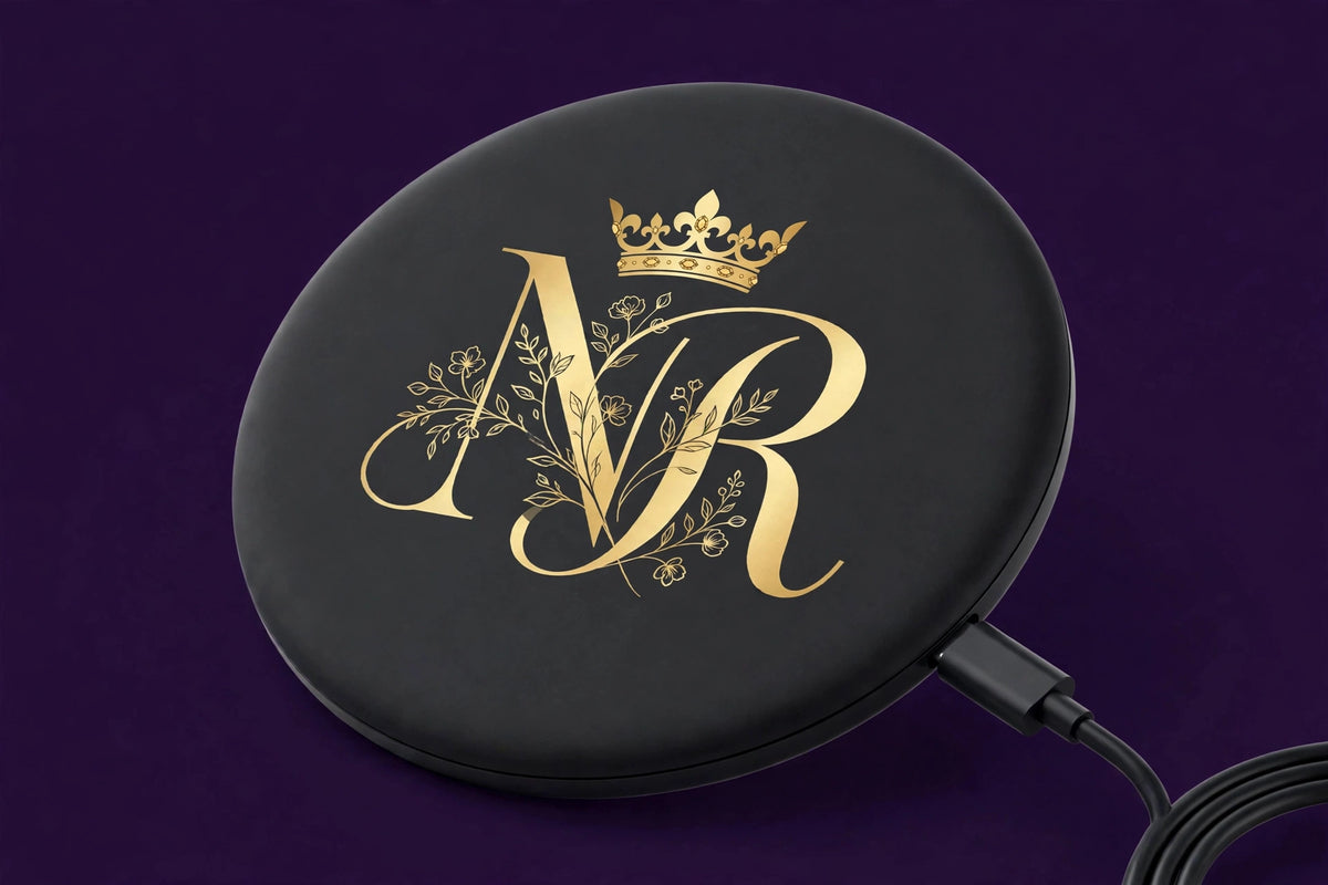 Nova Royal Wireless Charging Pad in Black with gold Nova Royal NR logo