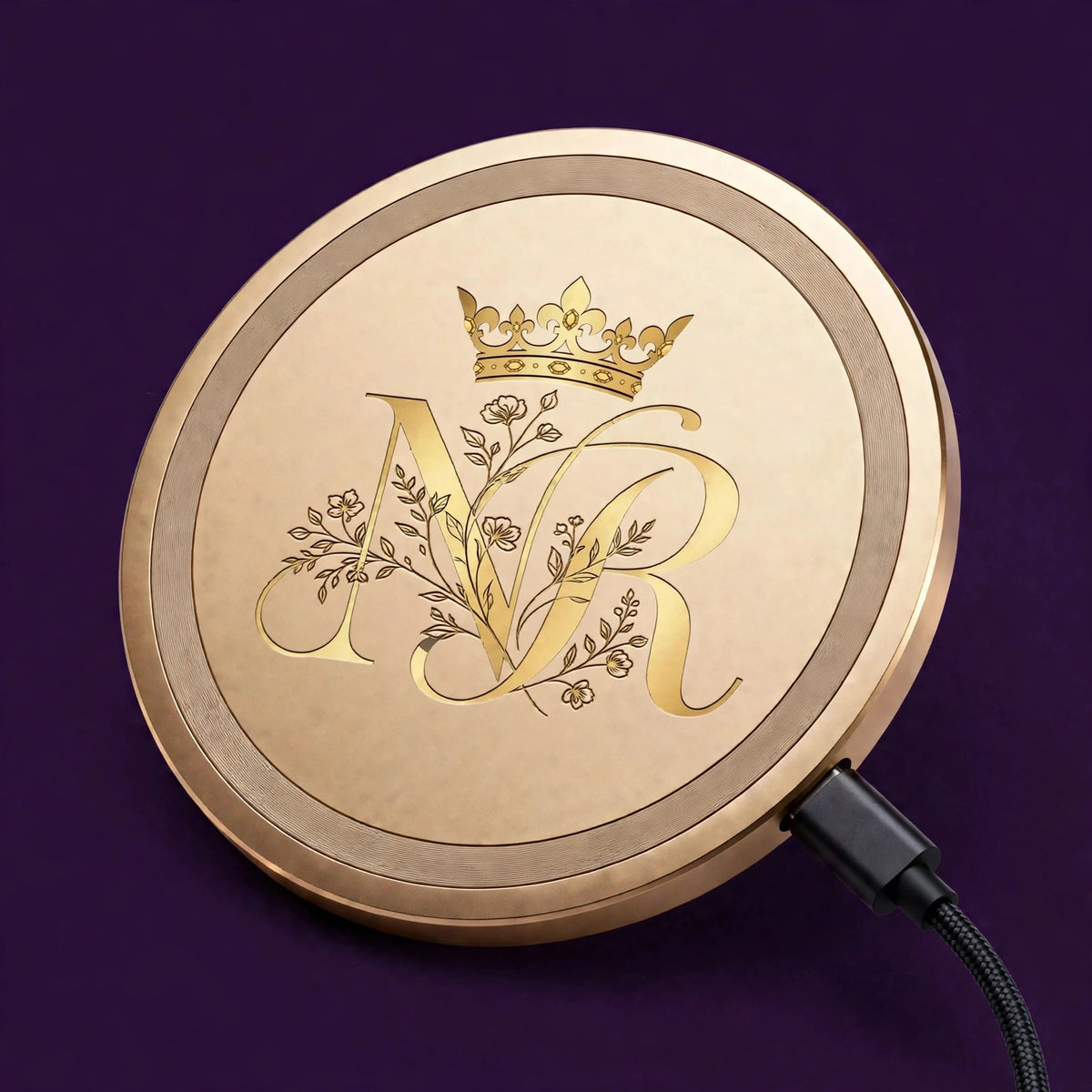 Nova Royal Wireless Charging Pad in Gold with gold Nova Royal NR logo