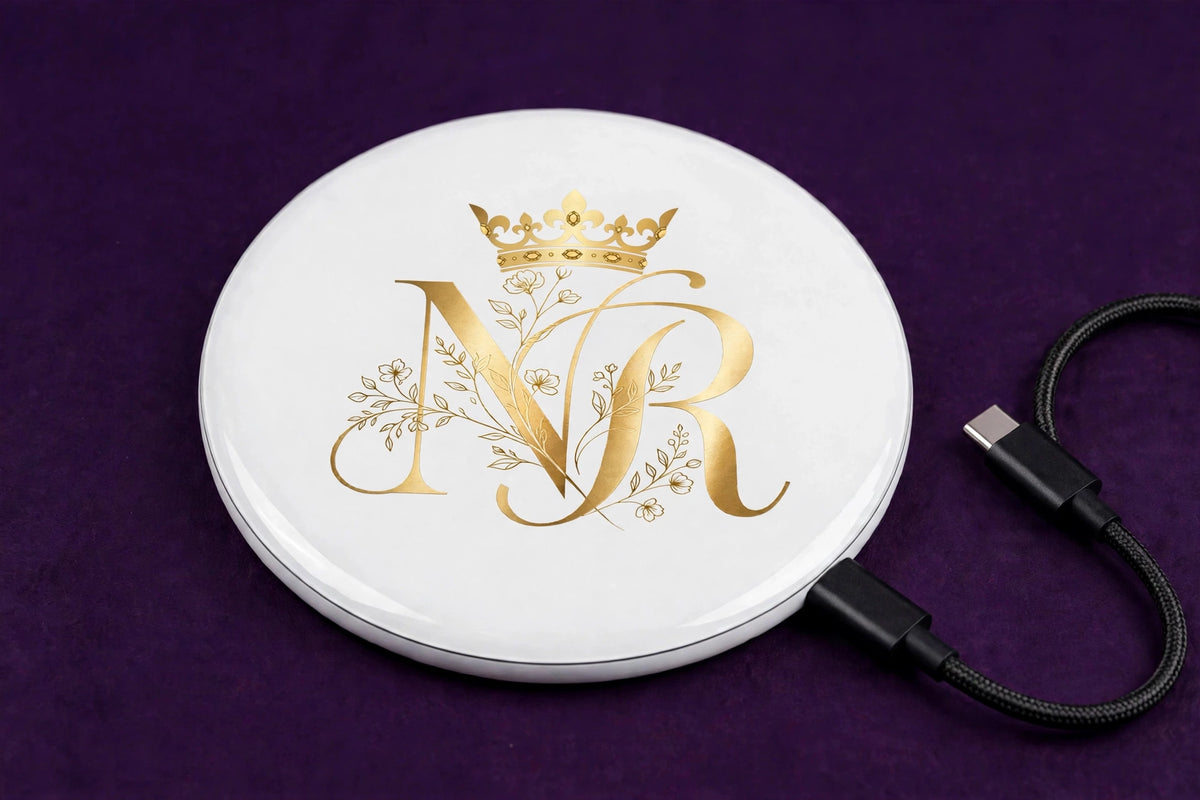 Nova Royal Wireless Charging Pad in White with gold Nova Royal NR logo