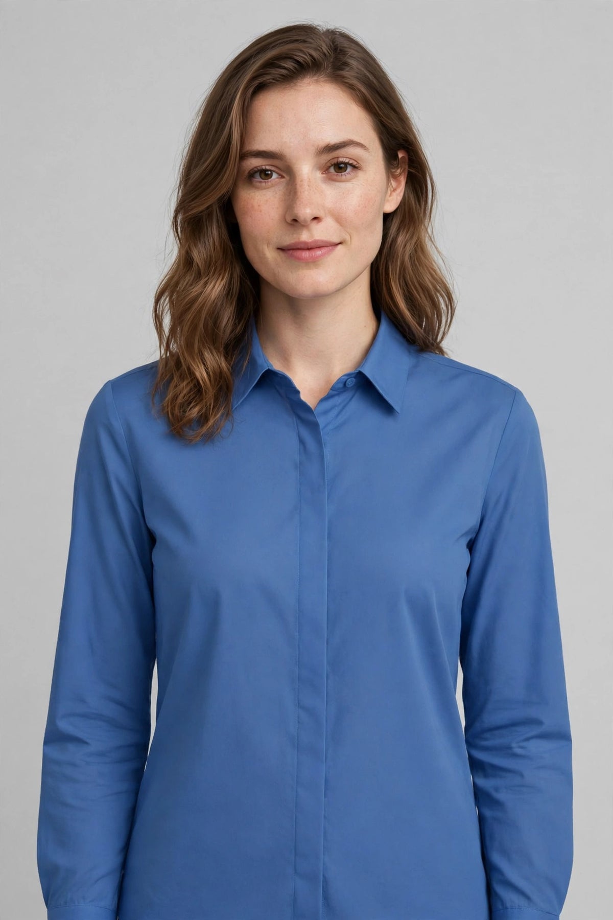 Woman wearing Blue Earthy Taupe Blouse