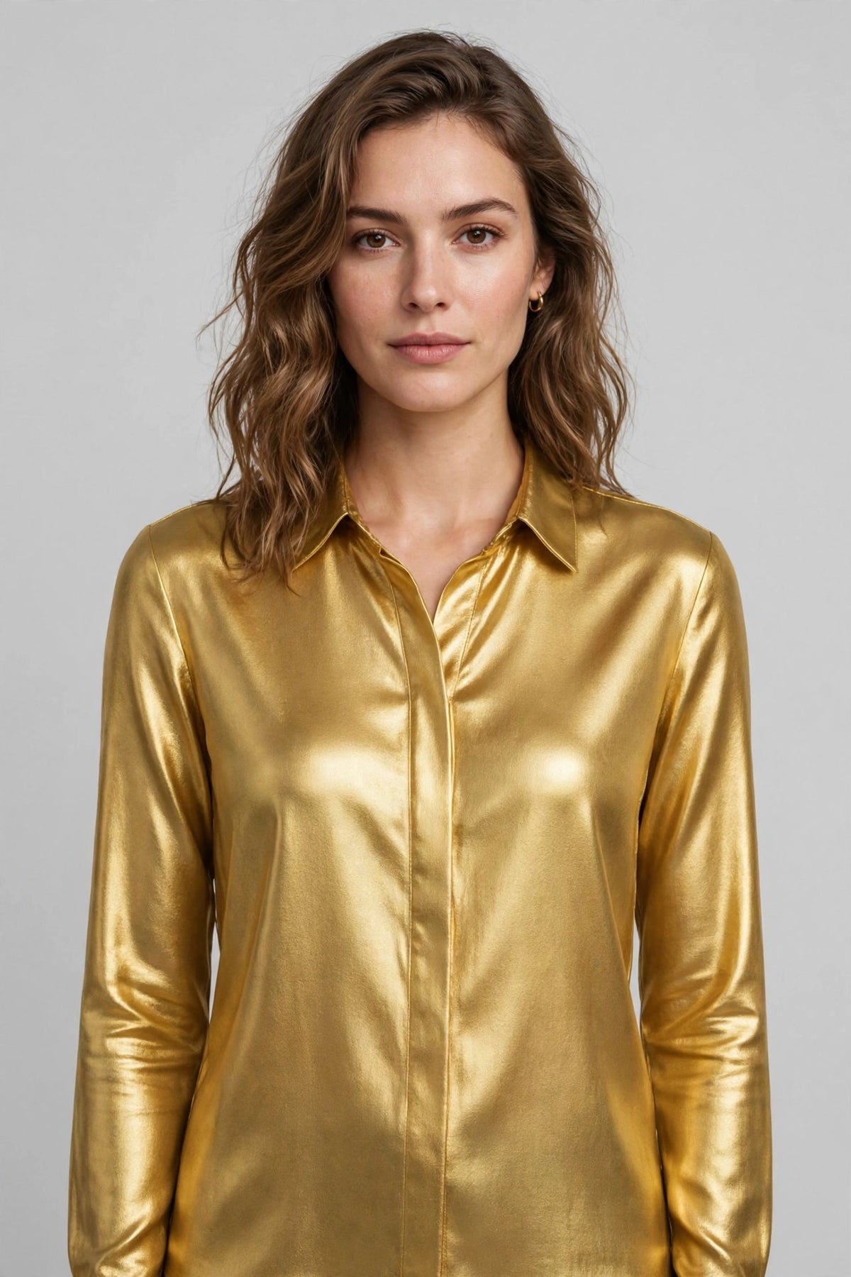 Woman wearing Gold Earthy Taupe Blouse