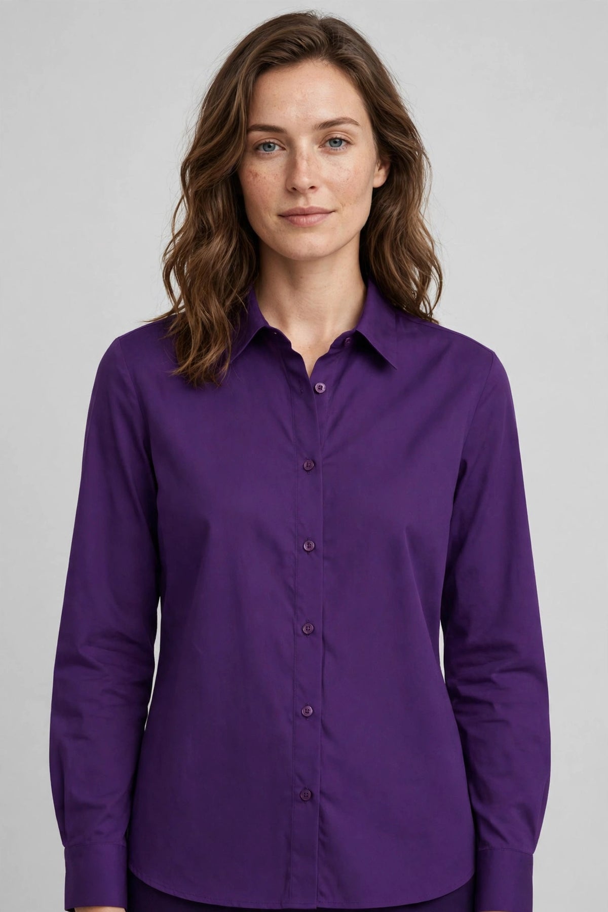Woman wearing Purple Earthy Taupe Blouse