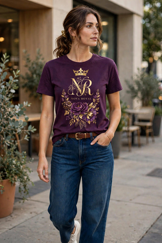 Woman wearing Purple Nova Royal Royale Floral T-Shirt with gold NR logo on top — chosen picture