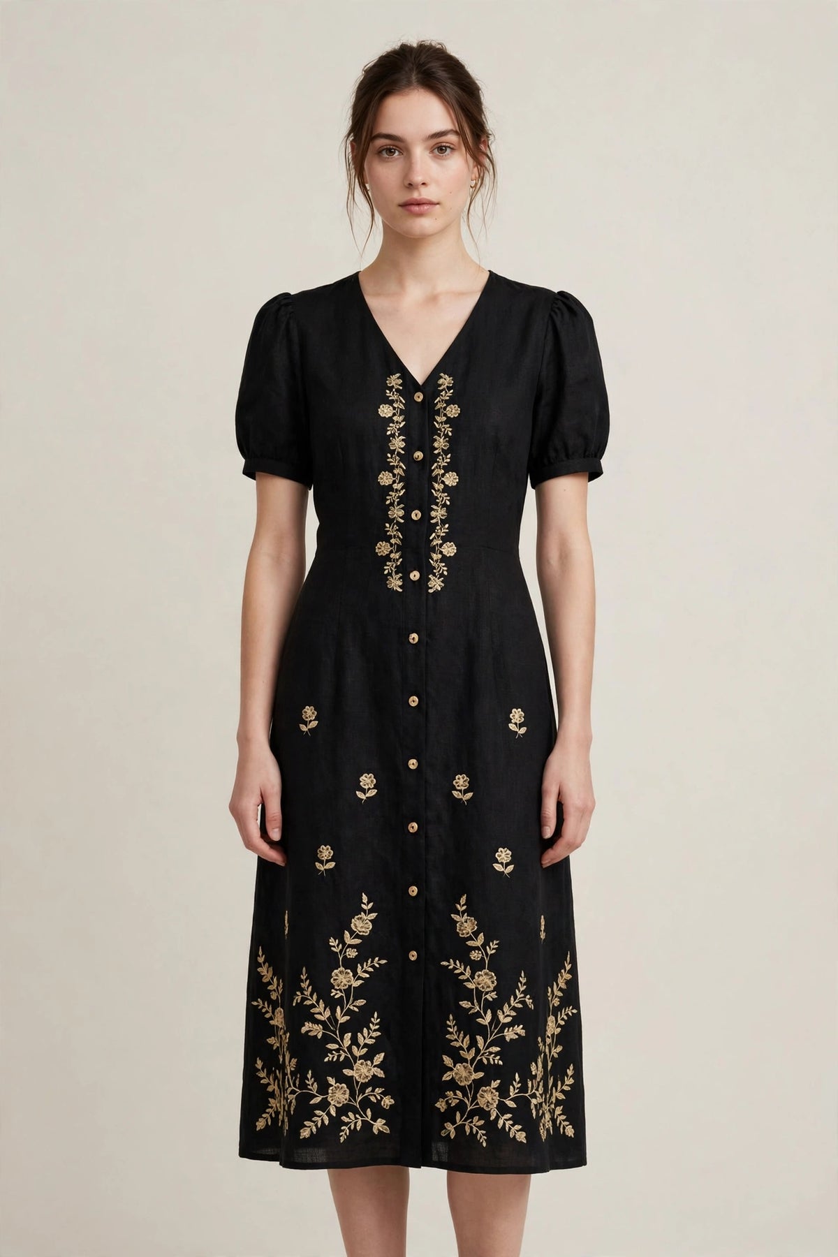 Woman wearing Black Purple Linen Midi Dress