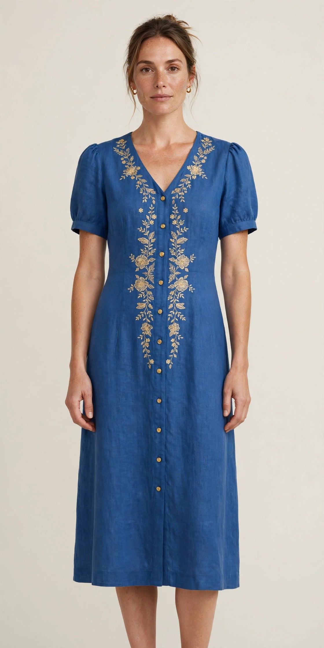Woman wearing Blue Purple Linen Midi Dress