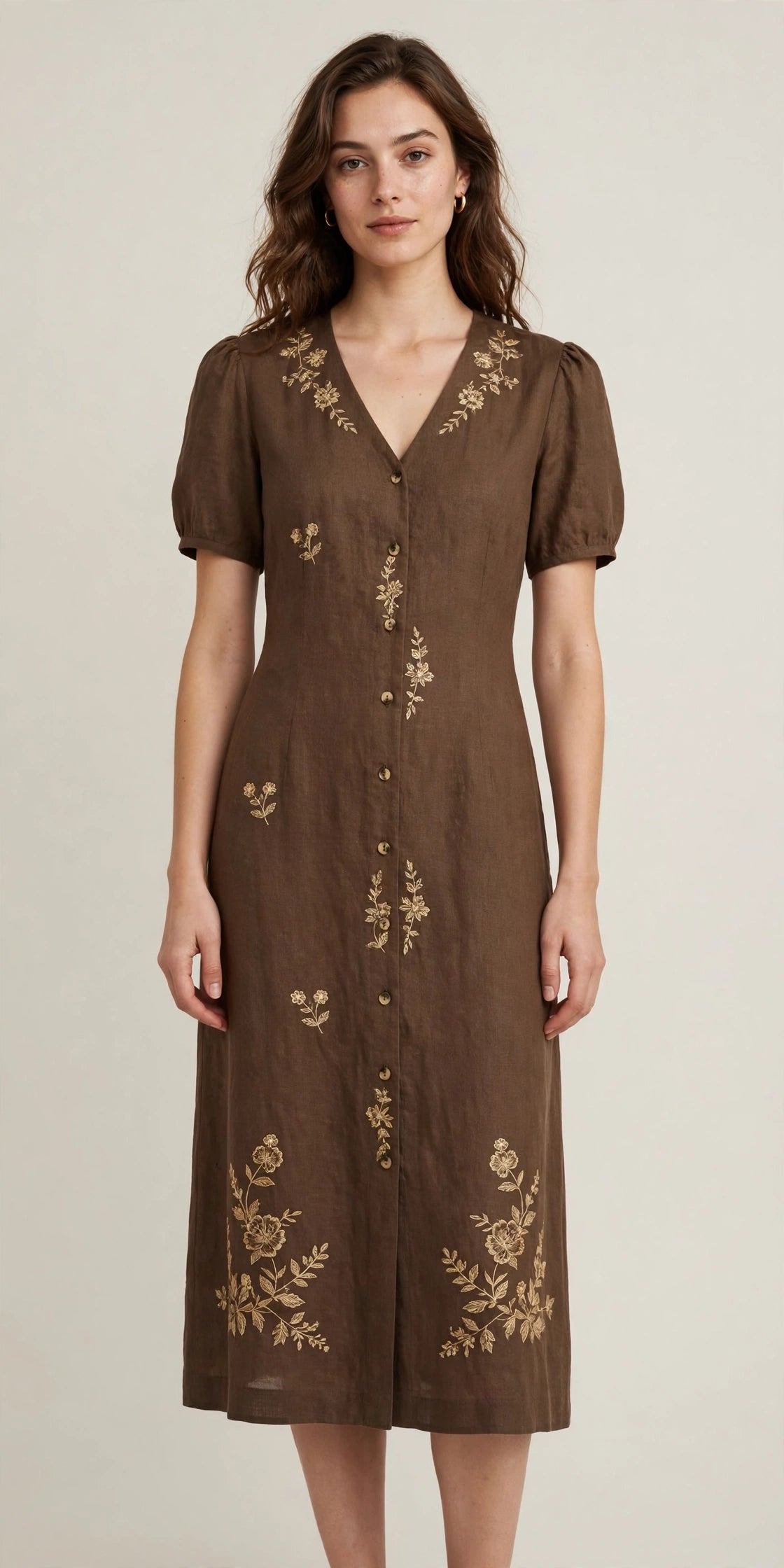 Woman wearing Brown Purple Linen Midi Dress