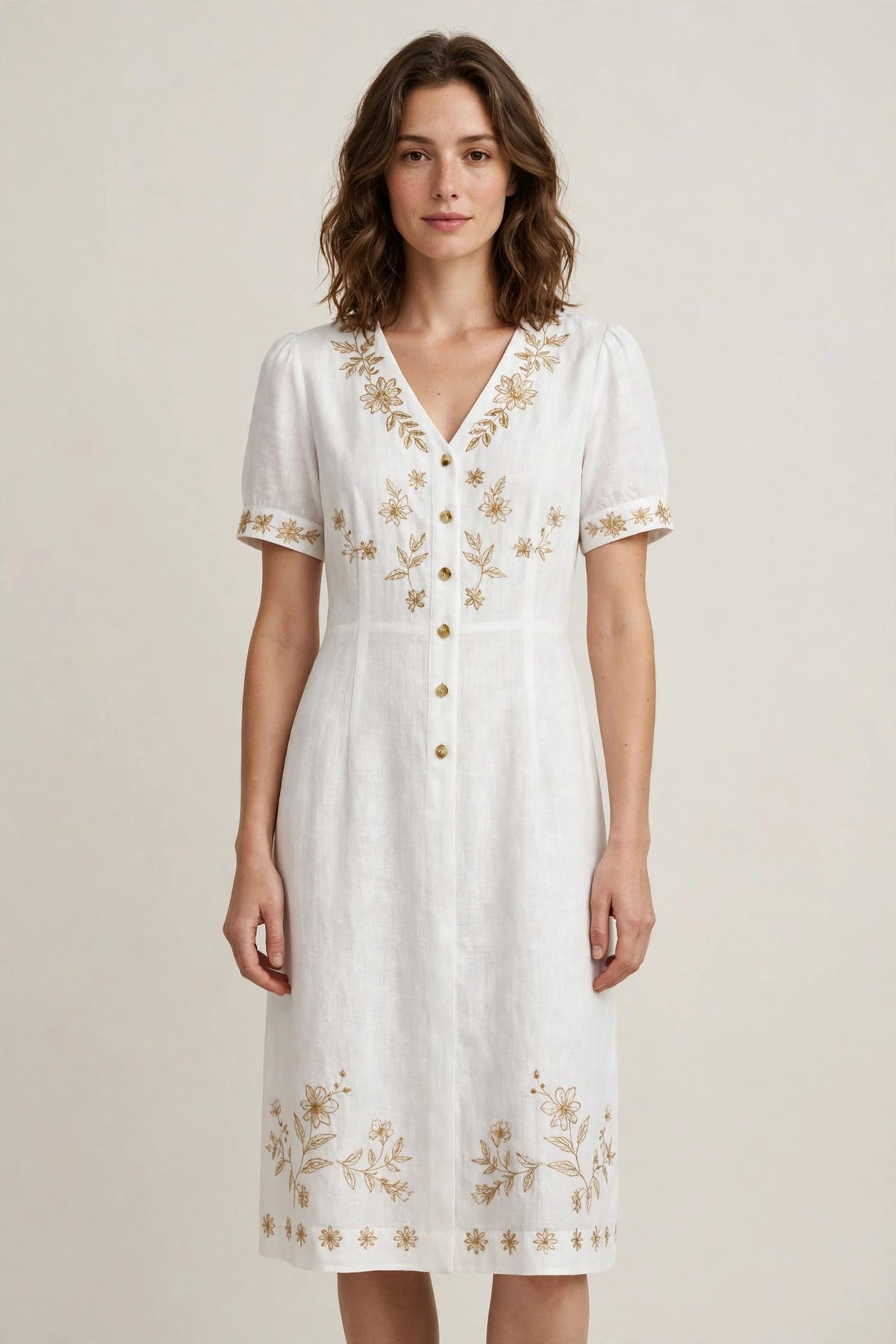 Woman wearing White Purple Linen Midi Dress